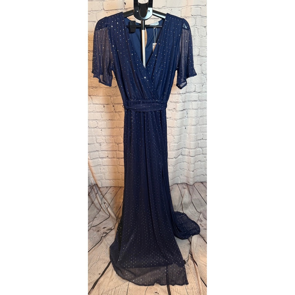 Baltic Born Grace Sparkle Gown Navy Blue Silver Foil Dot Maxi Dress Large NWT - Picture 2 of 4